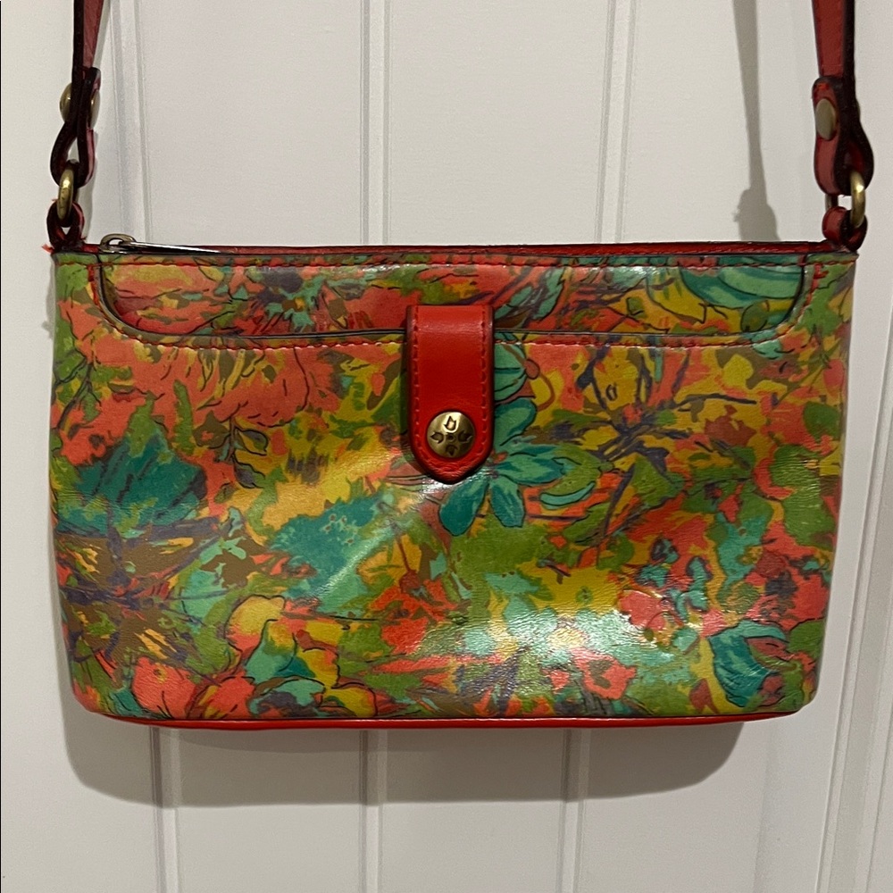 Patricia Nash Multicolor Floral Leather Shoulder Bag with Red Trim